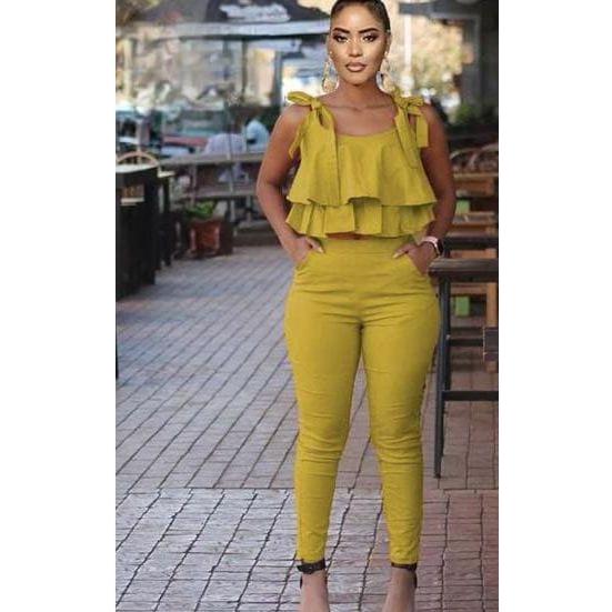 Tie Shoulder Ruffle Crop Top and Skinny Pant Set.