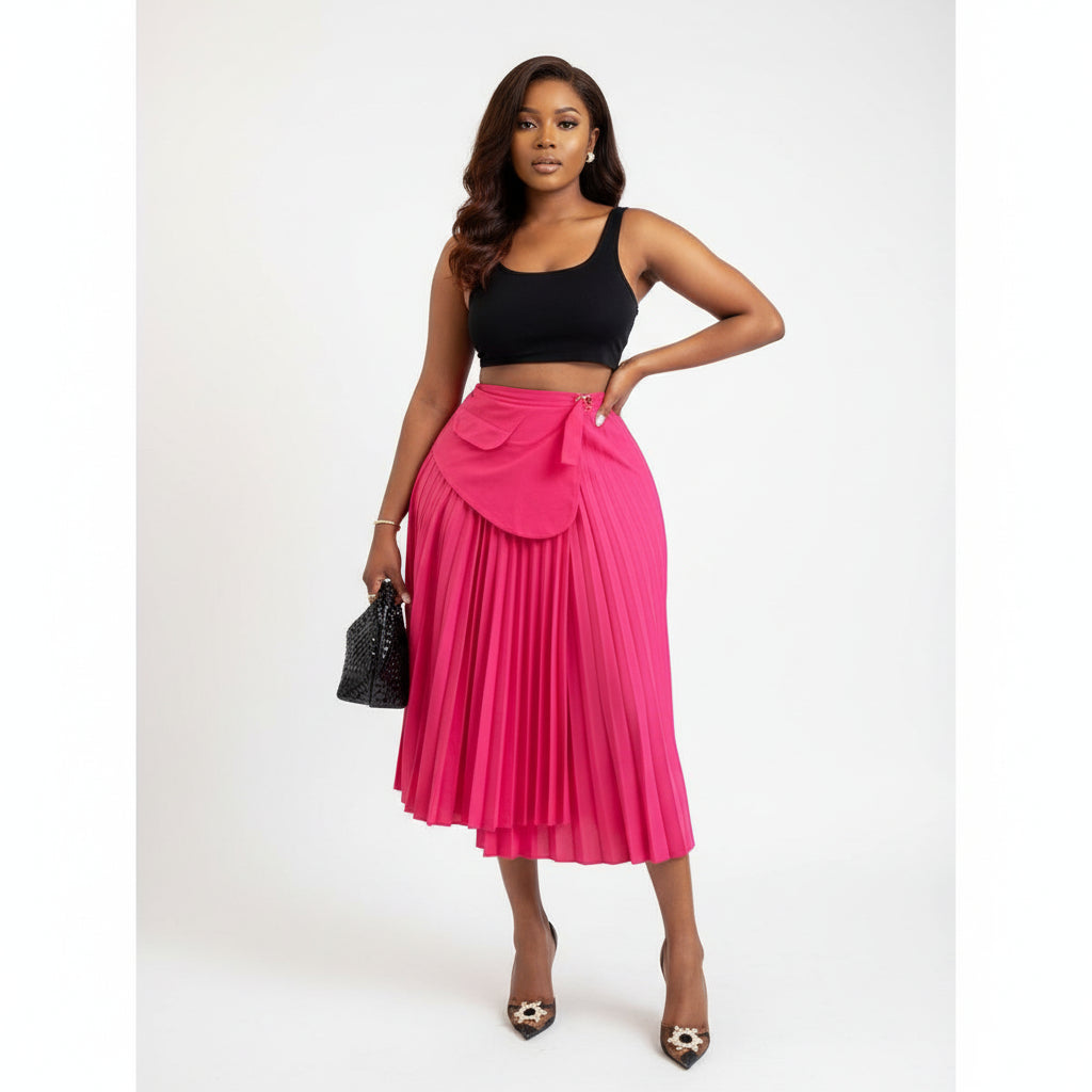 Elegant & Romantic Solid Color Pleated Waist Belt Adjustable Skirt.