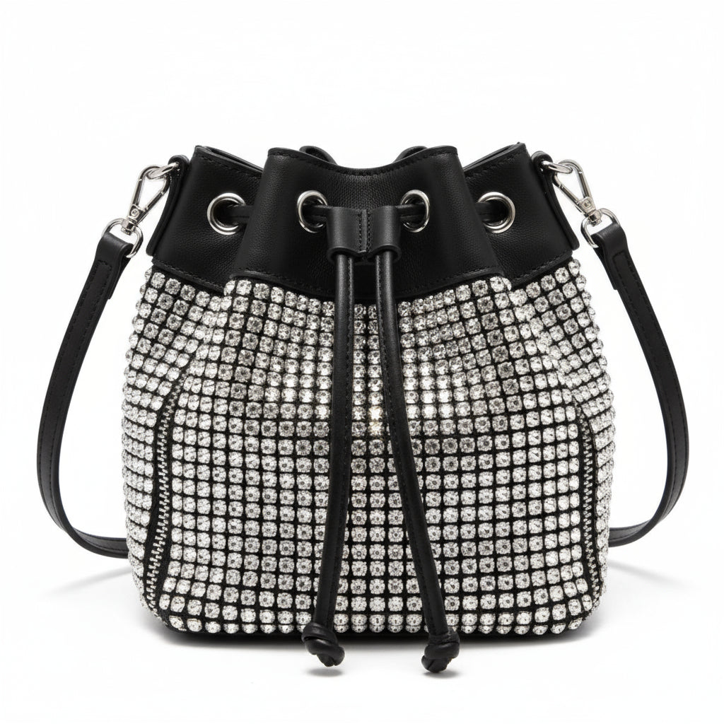 Bucket Luxury Crystal Top Handle Faux Leather Crossbody Shoulder Bag.