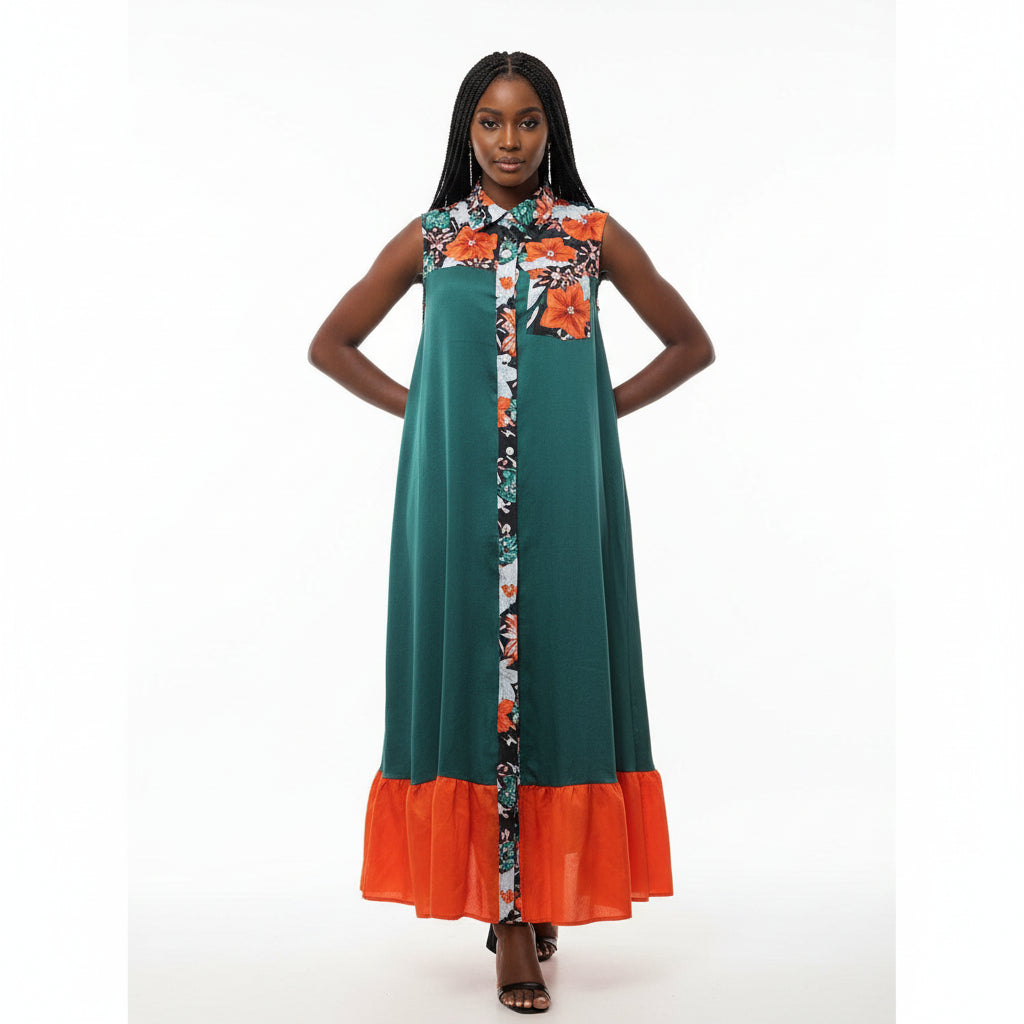 African Sleeveless Printing Polyester Long Dress.