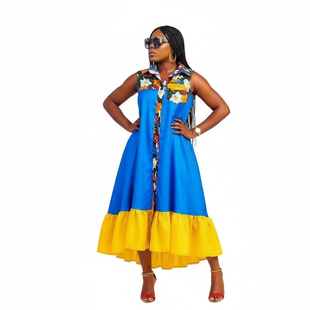 African Sleeveless Printing Polyester Long Dress.