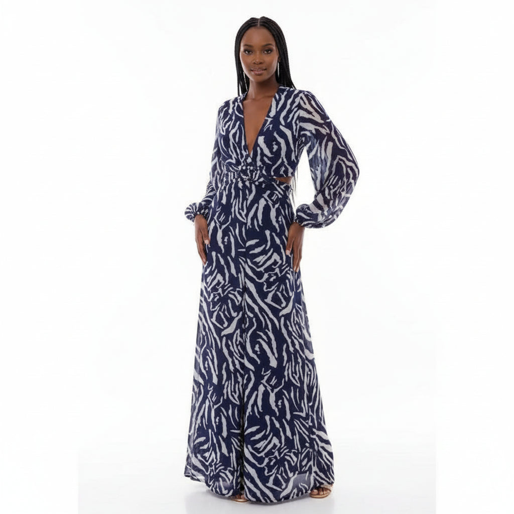 V-Neck Long Sleeve Tie Waist Floral Print Casual Dress.