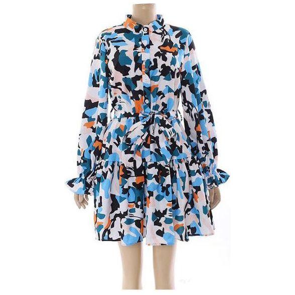 Print Lantern Sleeve Fold Pleat Curved Hem Dress.