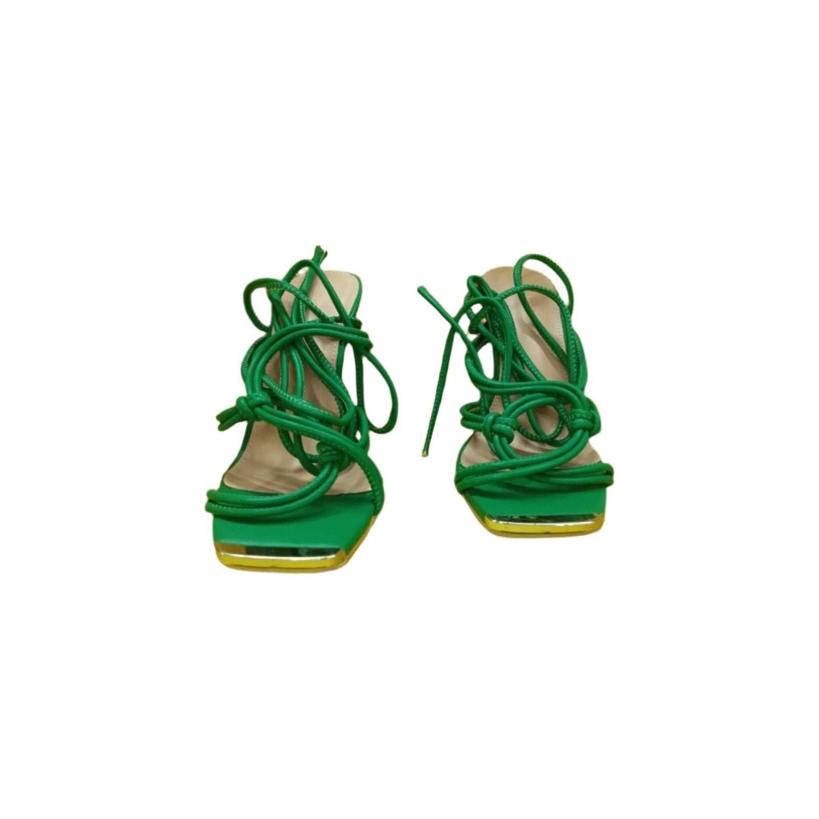 Square Toe Loop Cross Over Strappy High Heeled Mules.
