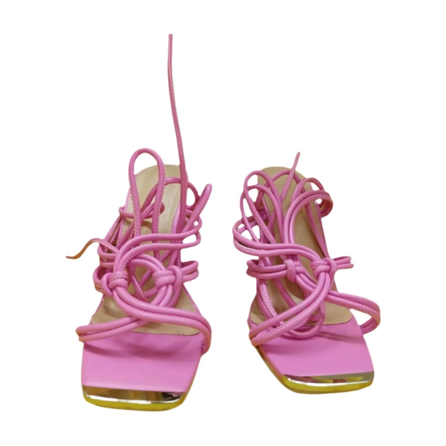 Square Toe Loop Cross Over Strappy High Heeled Mules.