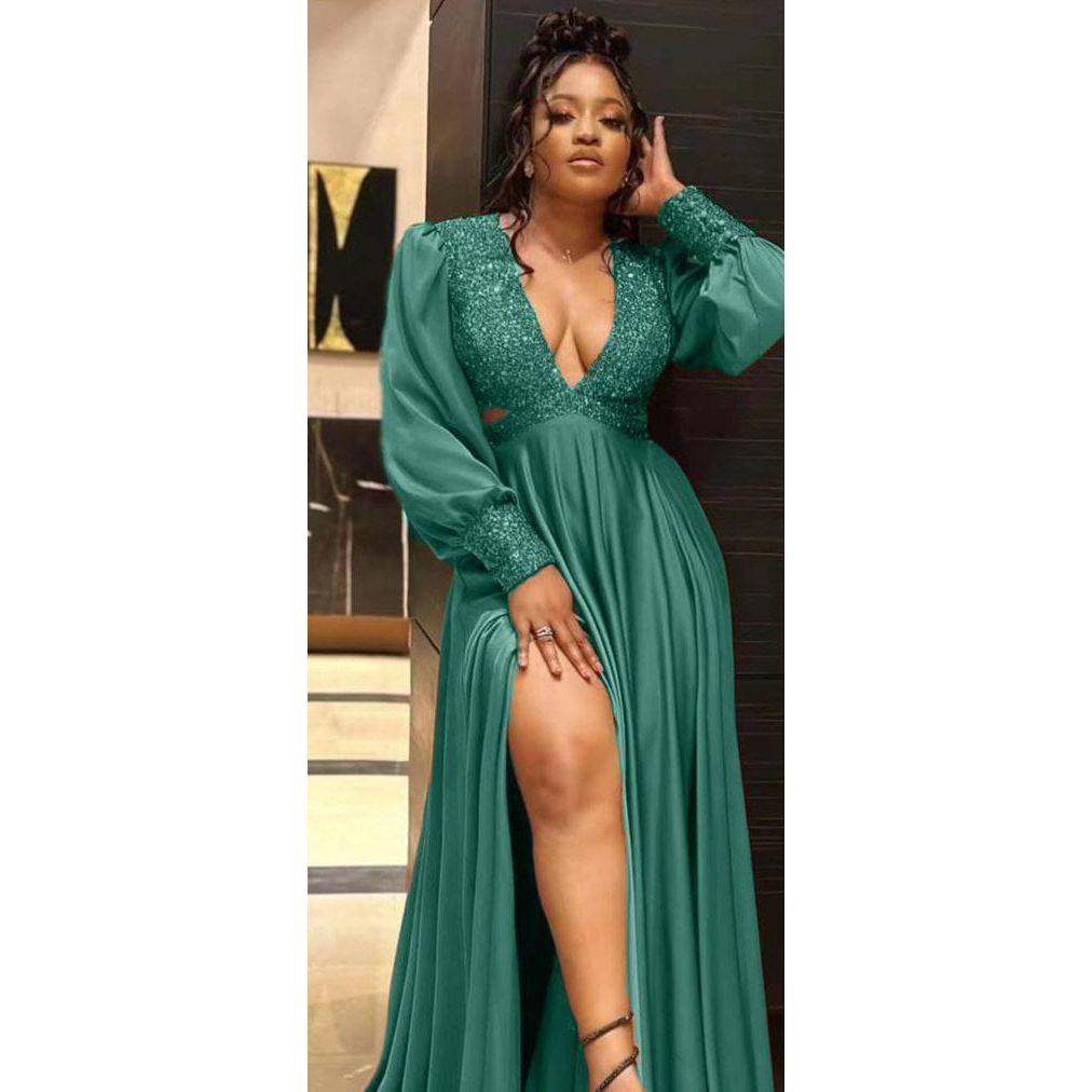 V-Neck Long Sleeve Bridesmaid Formal Gowns Split Thigh Dress.