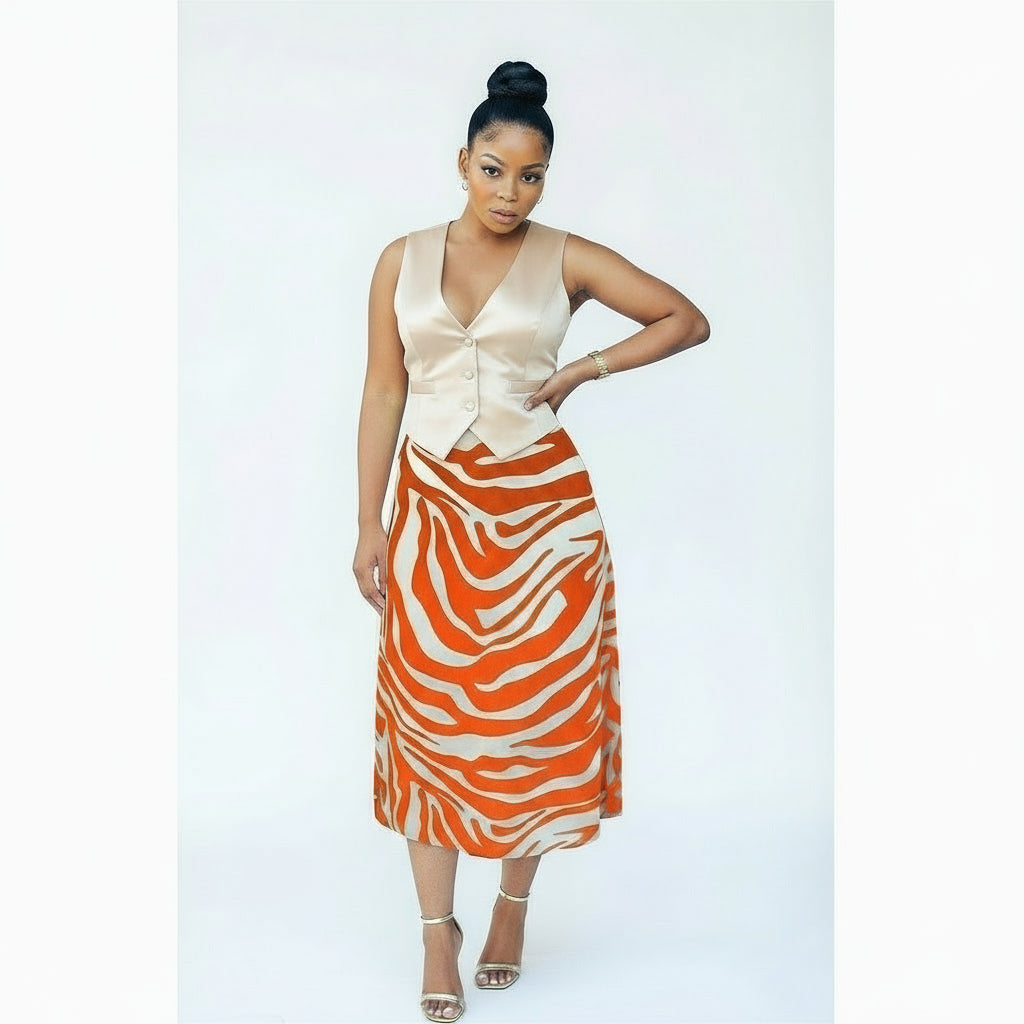 Zebra Printed Mesh Tie Waist Split Hem Midi Skirt.