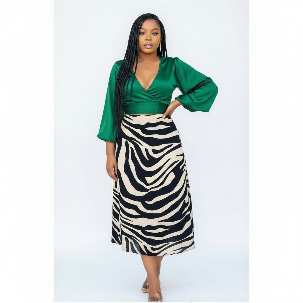 Zebra Printed Mesh Tie Waist Split Hem Midi Skirt.