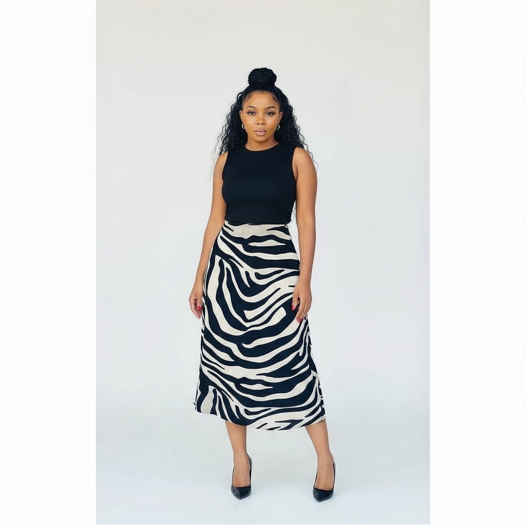 Zebra Printed Mesh Tie Waist Split Hem Midi Skirt.