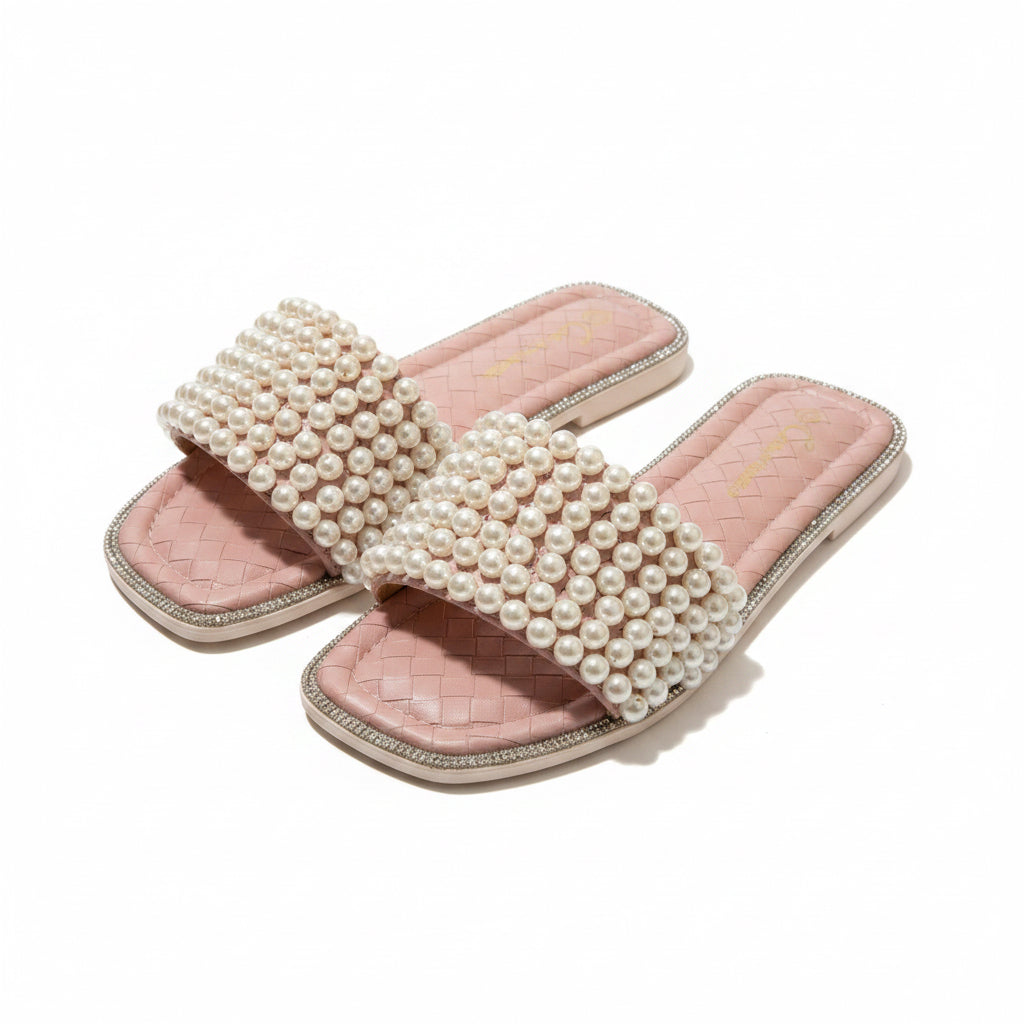 Flat Casual Rhinestone Faux Pearls Slippers.