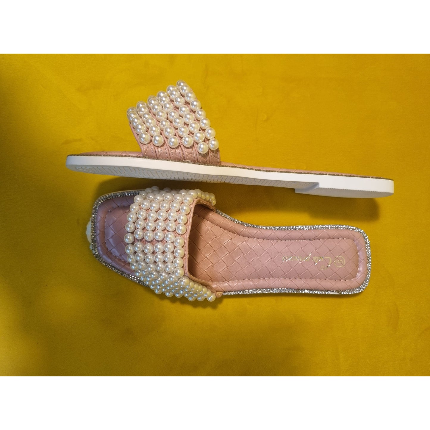 Flat Casual Rhinestone Faux Pearls Slippers.