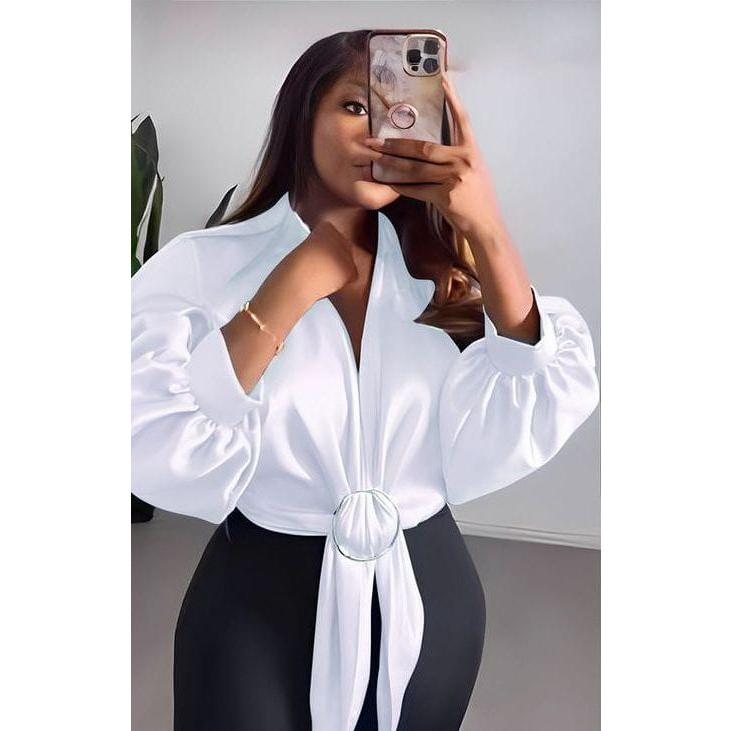 Surplice Neck Long Sleeve Crop Blouse.