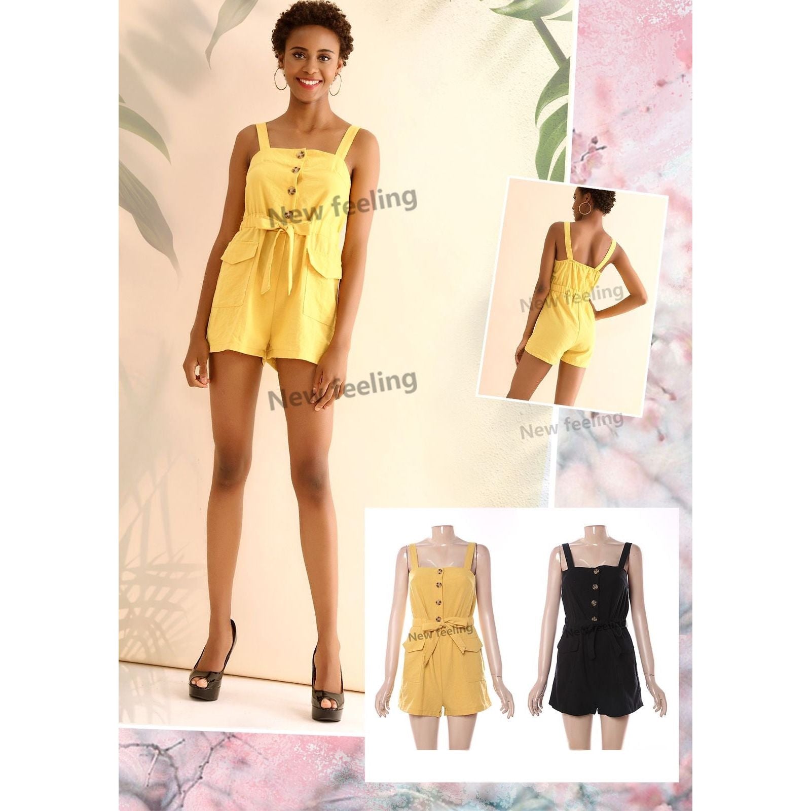 Tie Waist Button Cargo Pocket Romper Short Jumpsuit.