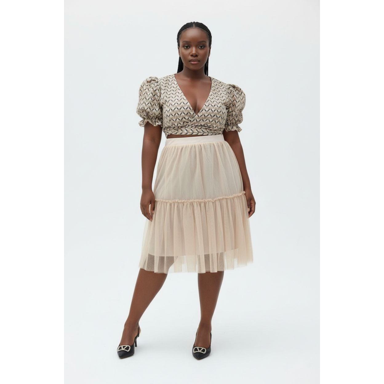 Honey-Comb Mesh Shirt and Pleated Skirt.