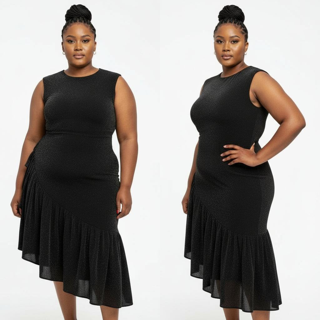 Asymmetric Cocktail Short Sleeve Sequin Ruffle Dress.