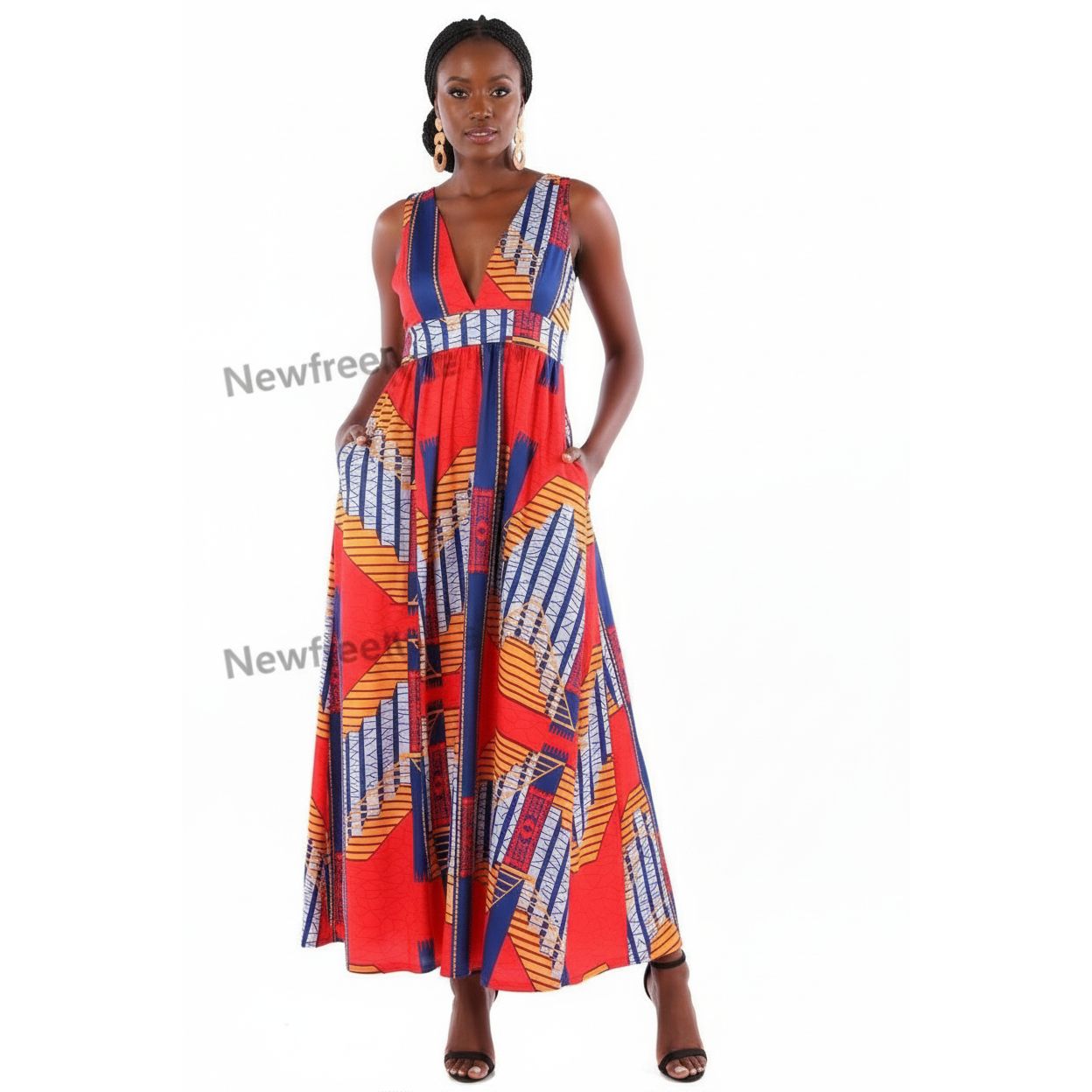 V Neck Short Ruffles Sleeve Long Swing A Line Dress.