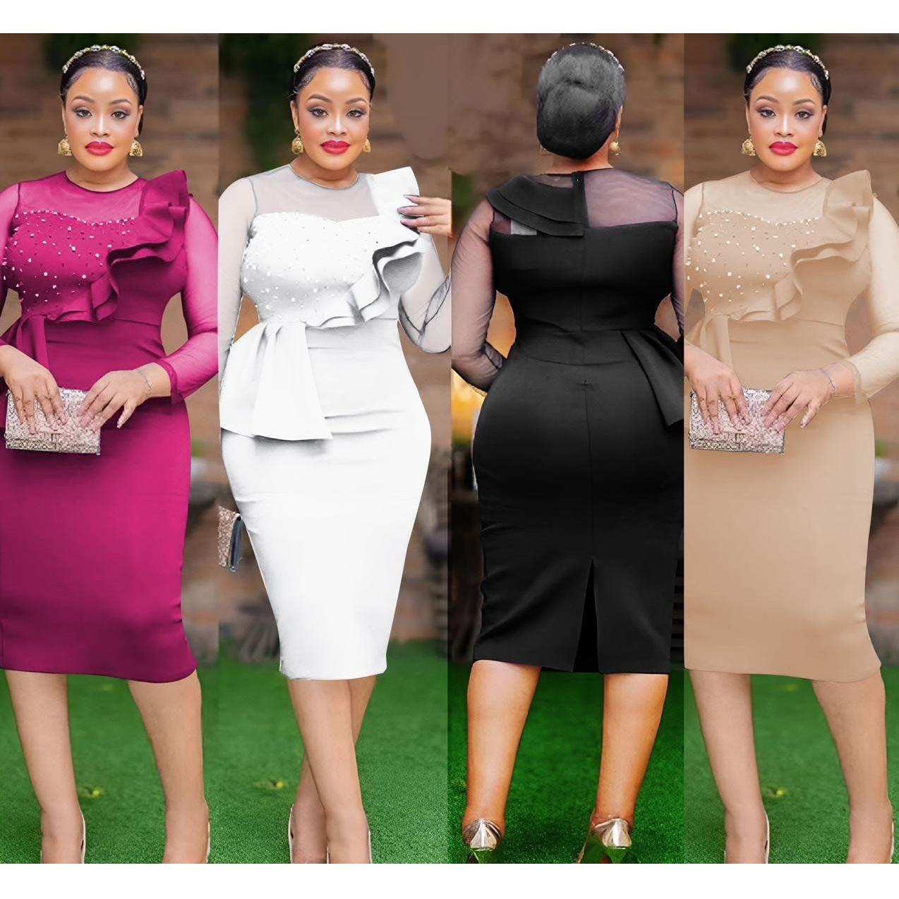 Elegant Mesh Patchwork Ruffled Beaded Bodycon Dress.