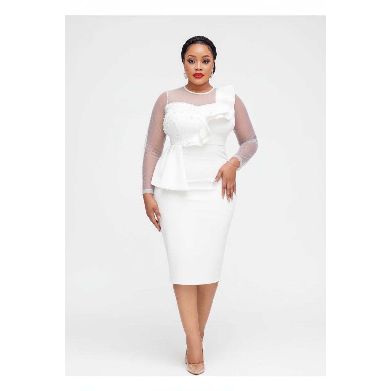 Elegant Mesh Patchwork Ruffled Beaded Bodycon Dress.