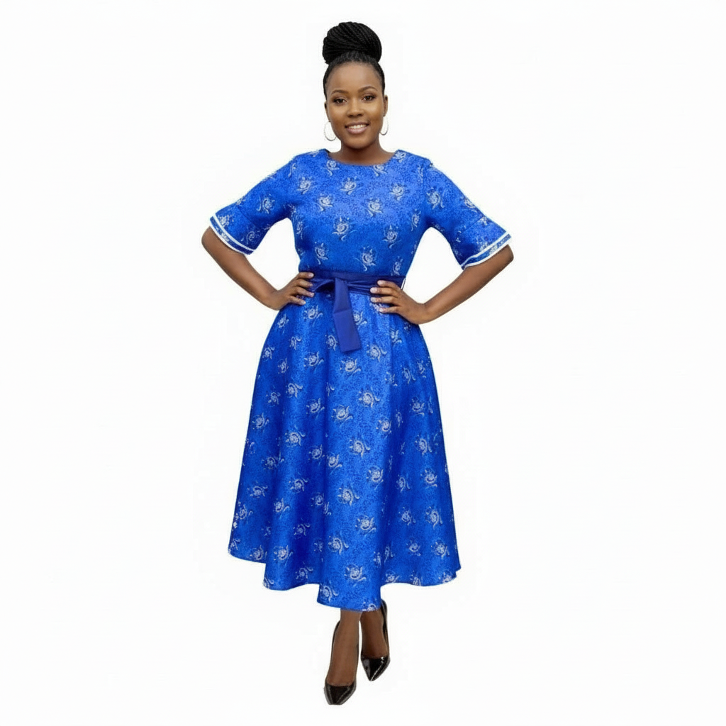 Elegant Flared Shwe-shwe Midi Dress.