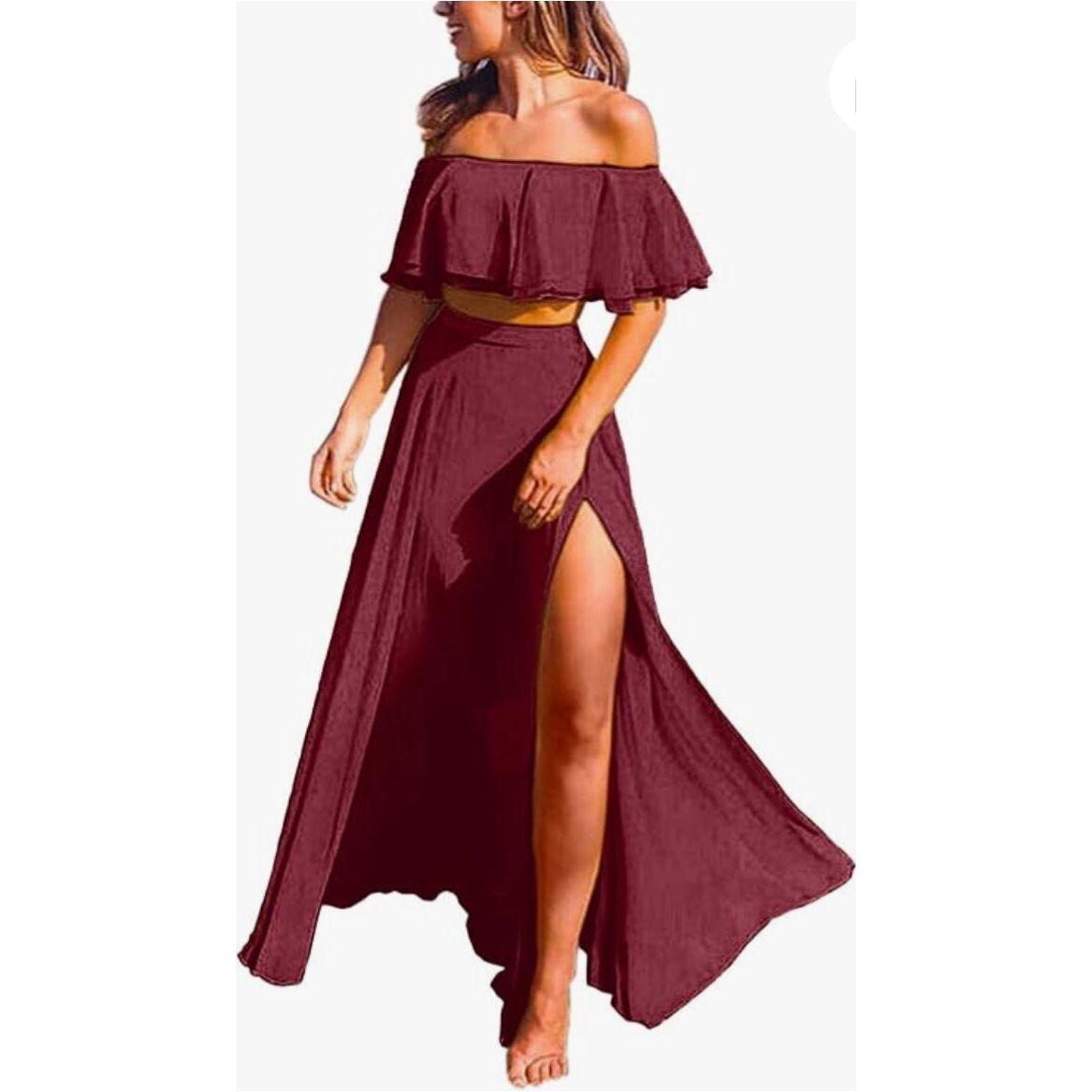Sexy Ruffle Crop Top &amp; Formal High Split Skirt 2 Piece set.