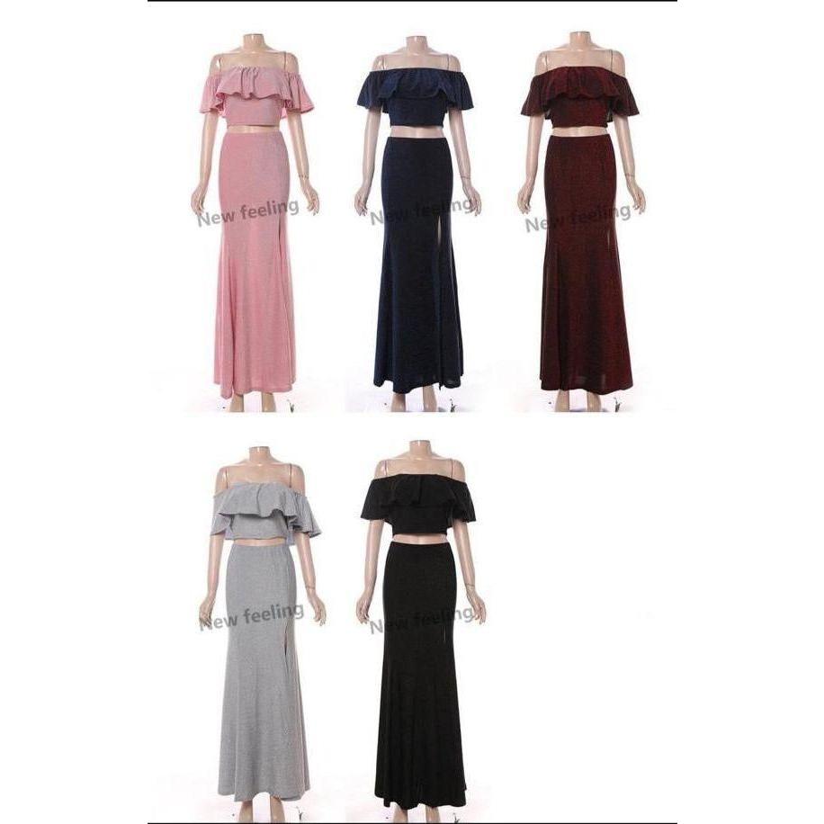Sexy Ruffle Crop Top &amp; Formal High Split Skirt 2 Piece set.