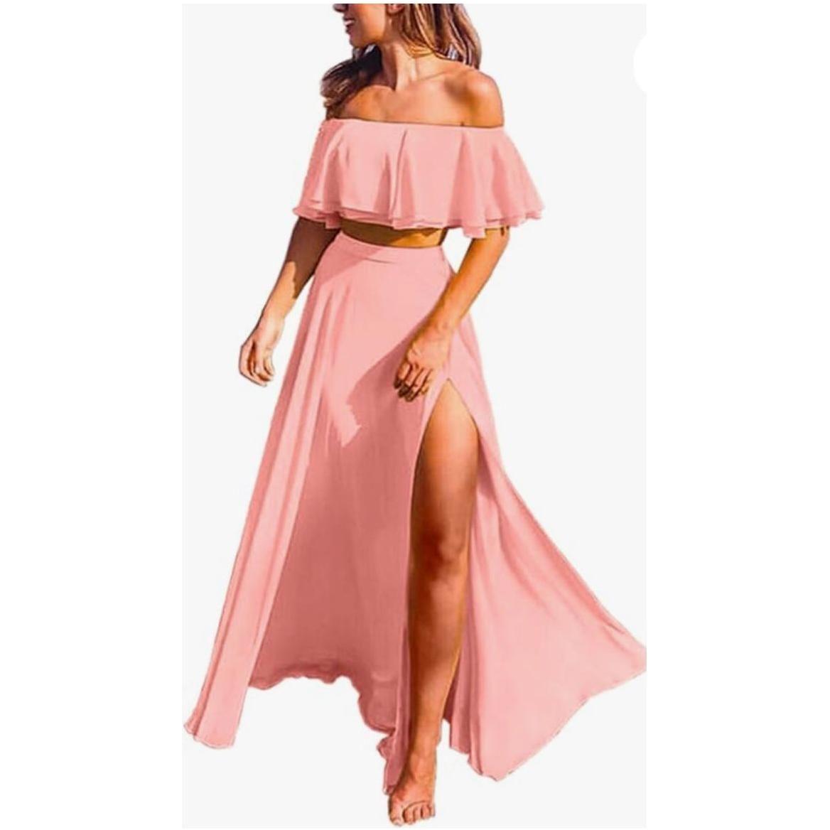 Sexy Ruffle Crop Top &amp; Formal High Split Skirt 2 Piece set.