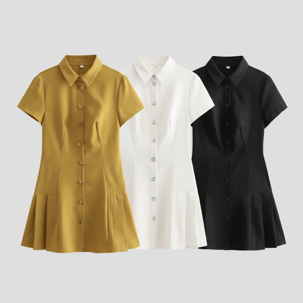 Button Detailed Short Sleeve Mini Dress.