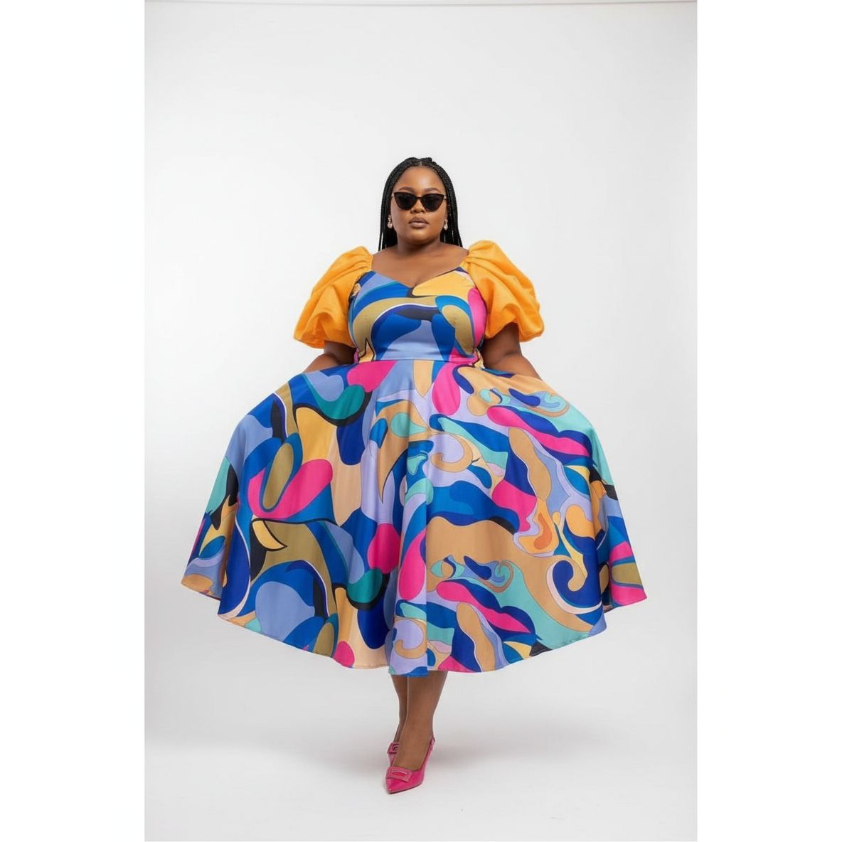 Multi-color Puffy Shoulders Midi Dress.