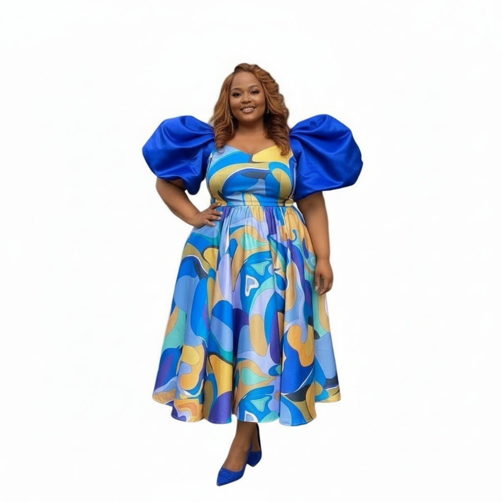 Multi-color Puffy Shoulders Midi Dress.