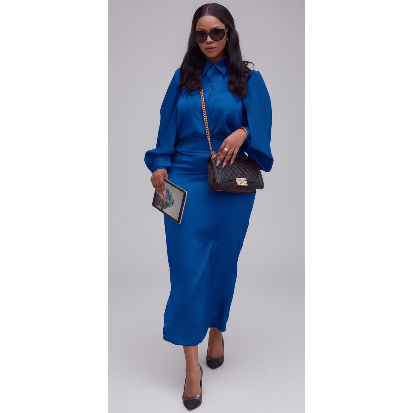 Casual Split Long Sleeve Top And Midi Skirt Set.