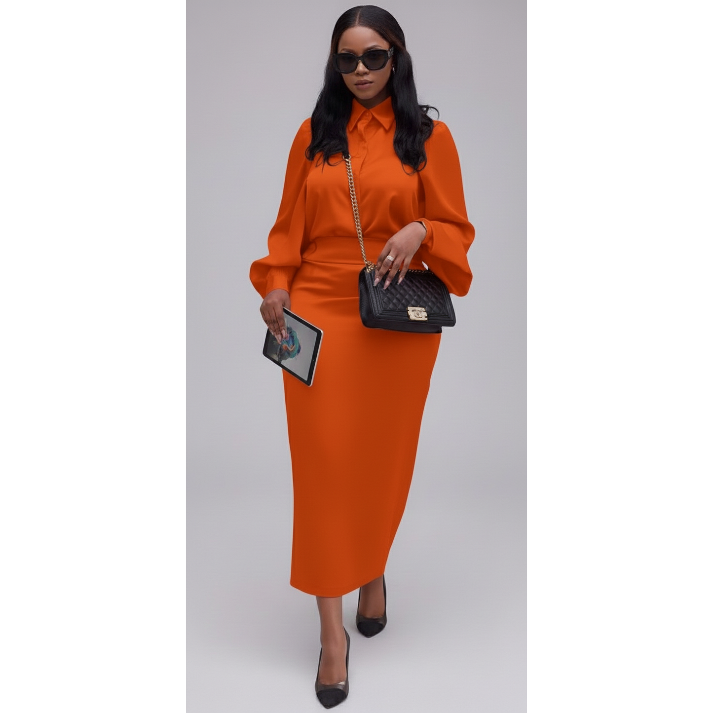 Casual Split Long Sleeve Top And Midi Skirt Set.