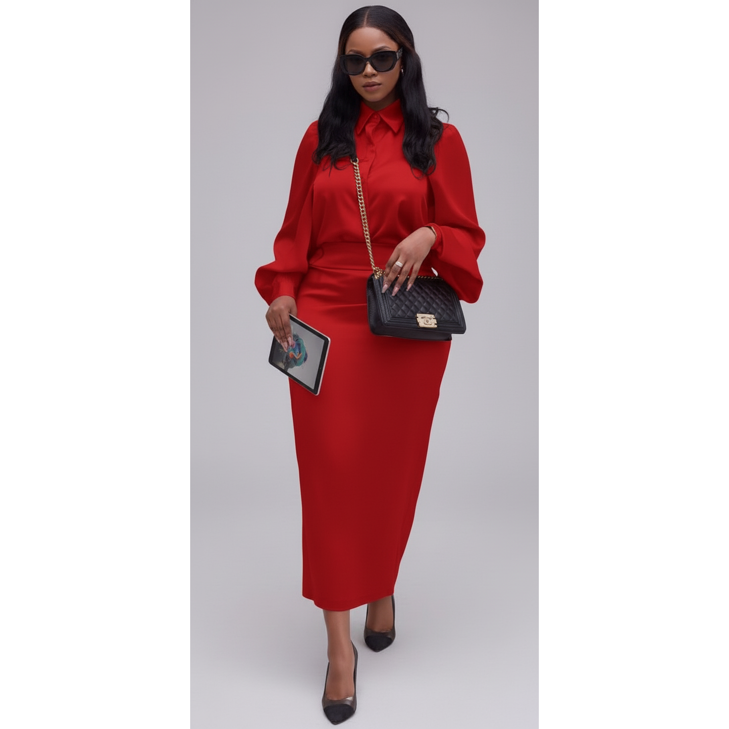 Casual Split Long Sleeve Top And Midi Skirt Set.