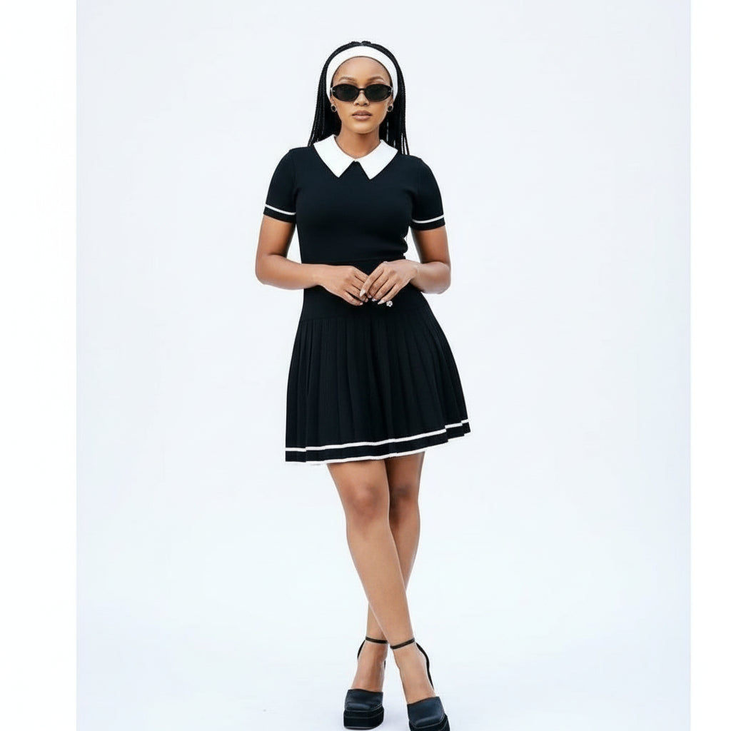 Collared Contrasting Pleated Knitted Mini Dress.