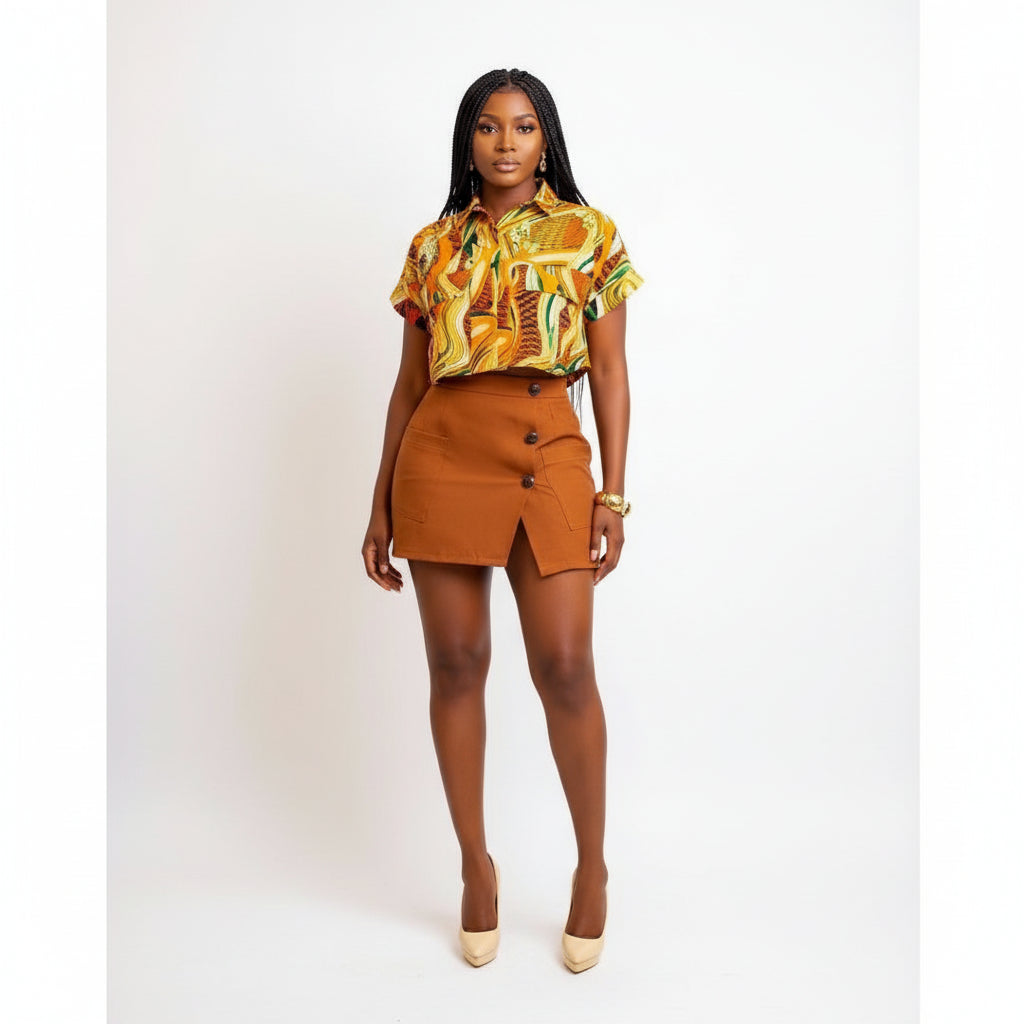 Printed Short Sleeve Shirt And Bodycon Mini Skirts Set YELLOW SUB Printed Short Sleeve Shirt And Bodycon Mini Skirts Set YELLOW SUB