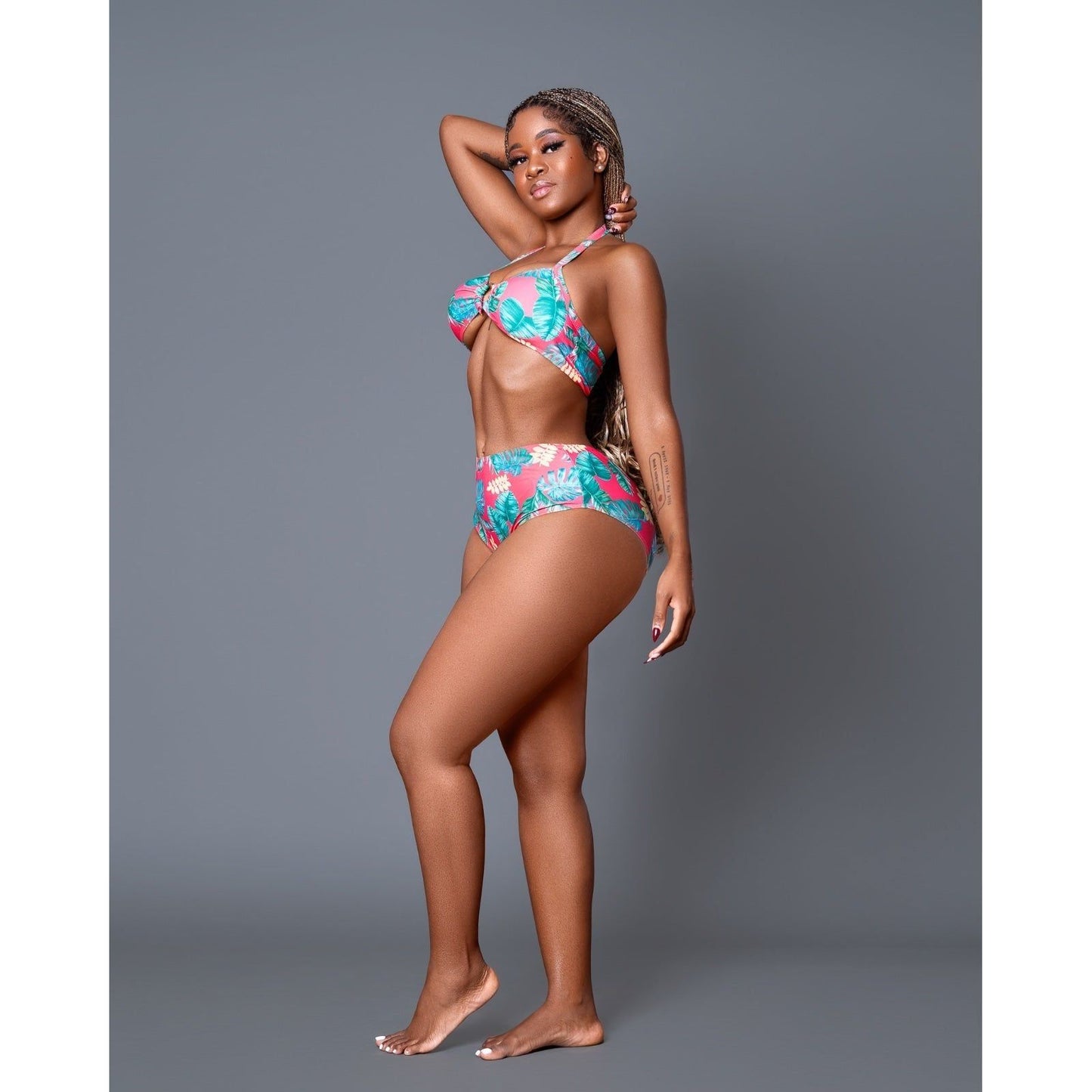 Floral Halter With Ring Bikini Swimsuit Set.