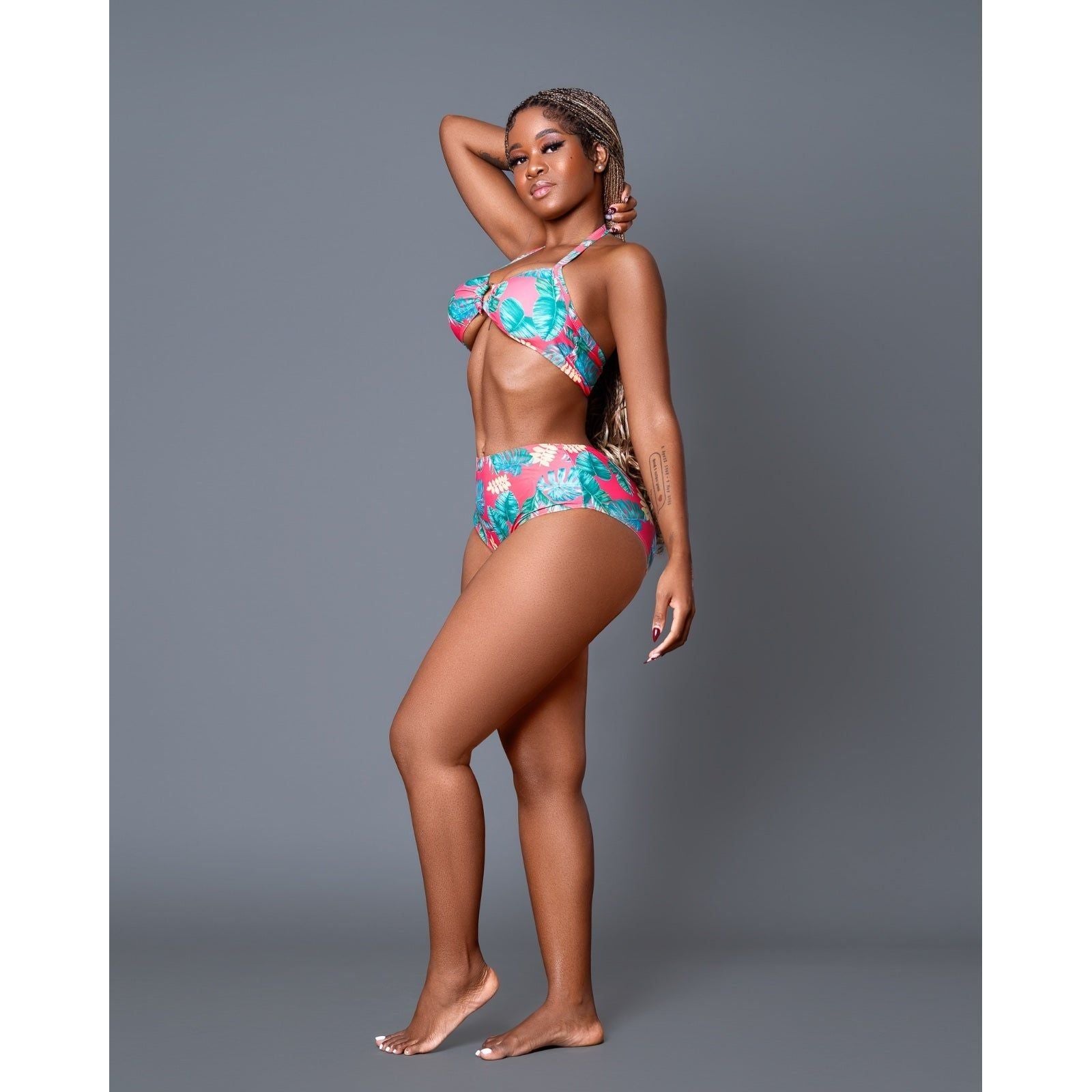 Floral Halter With Ring Bikini Swimsuit Set.