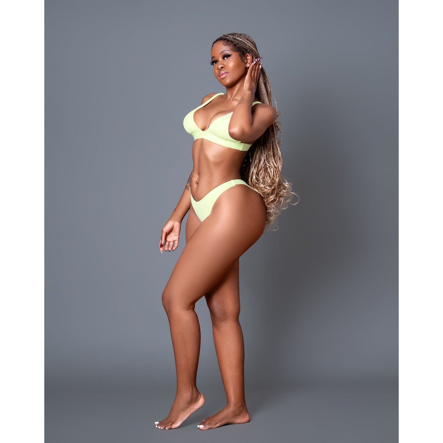 Solid Color Deep V Crop Top Bikini Swimsuit Set.