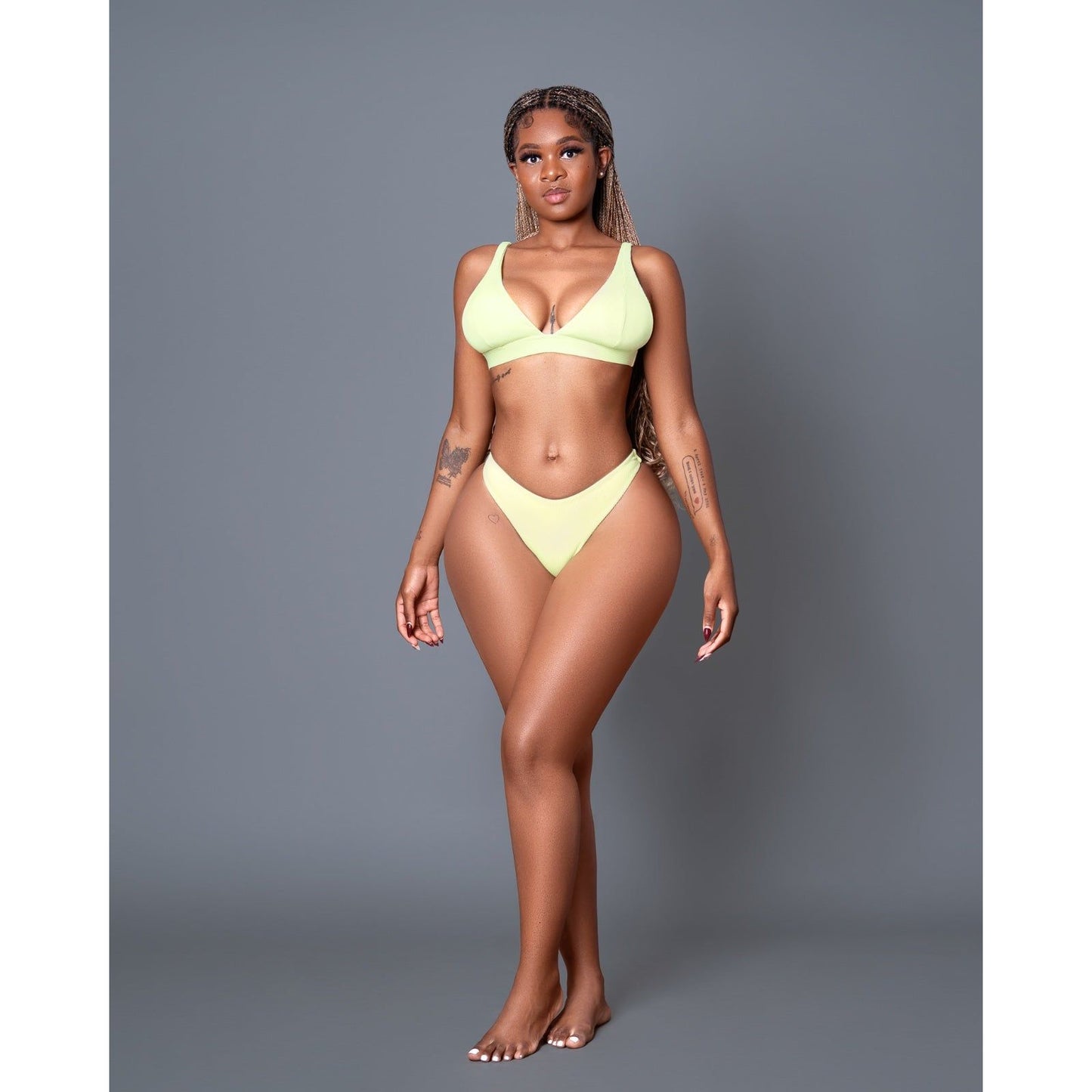 Solid Color Deep V Crop Top Bikini Swimsuit Set.