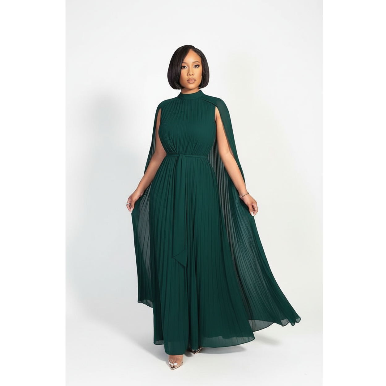 Pleated Cape Sleeve Maxi Dress