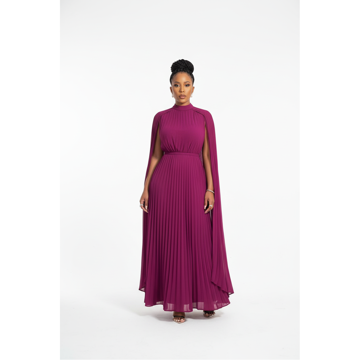 Pleated Cape Sleeve Maxi Dress