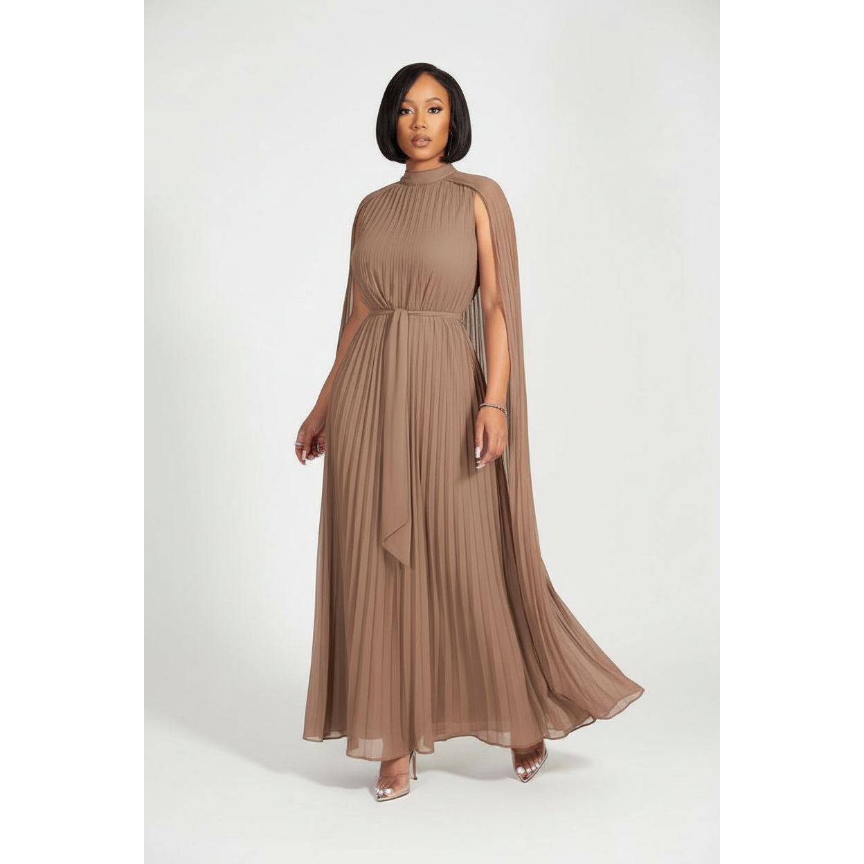 Pleated Cape Sleeve Maxi Dress