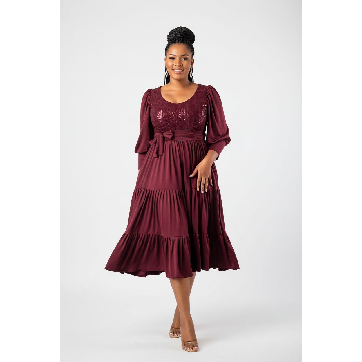 Slanted Collar Solid Pleated Long Dress