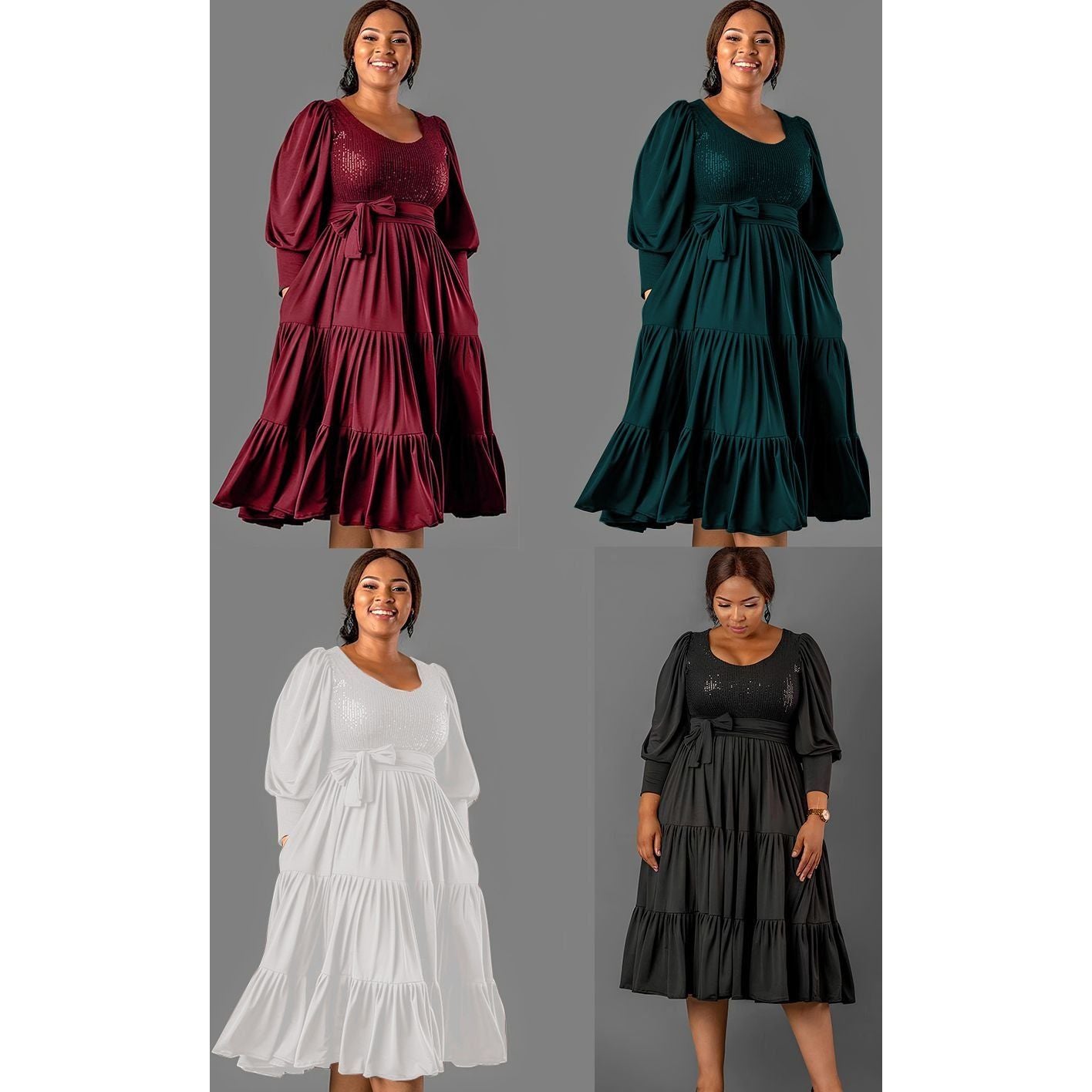 Pleated Long Sleeve Square Collar Dress.