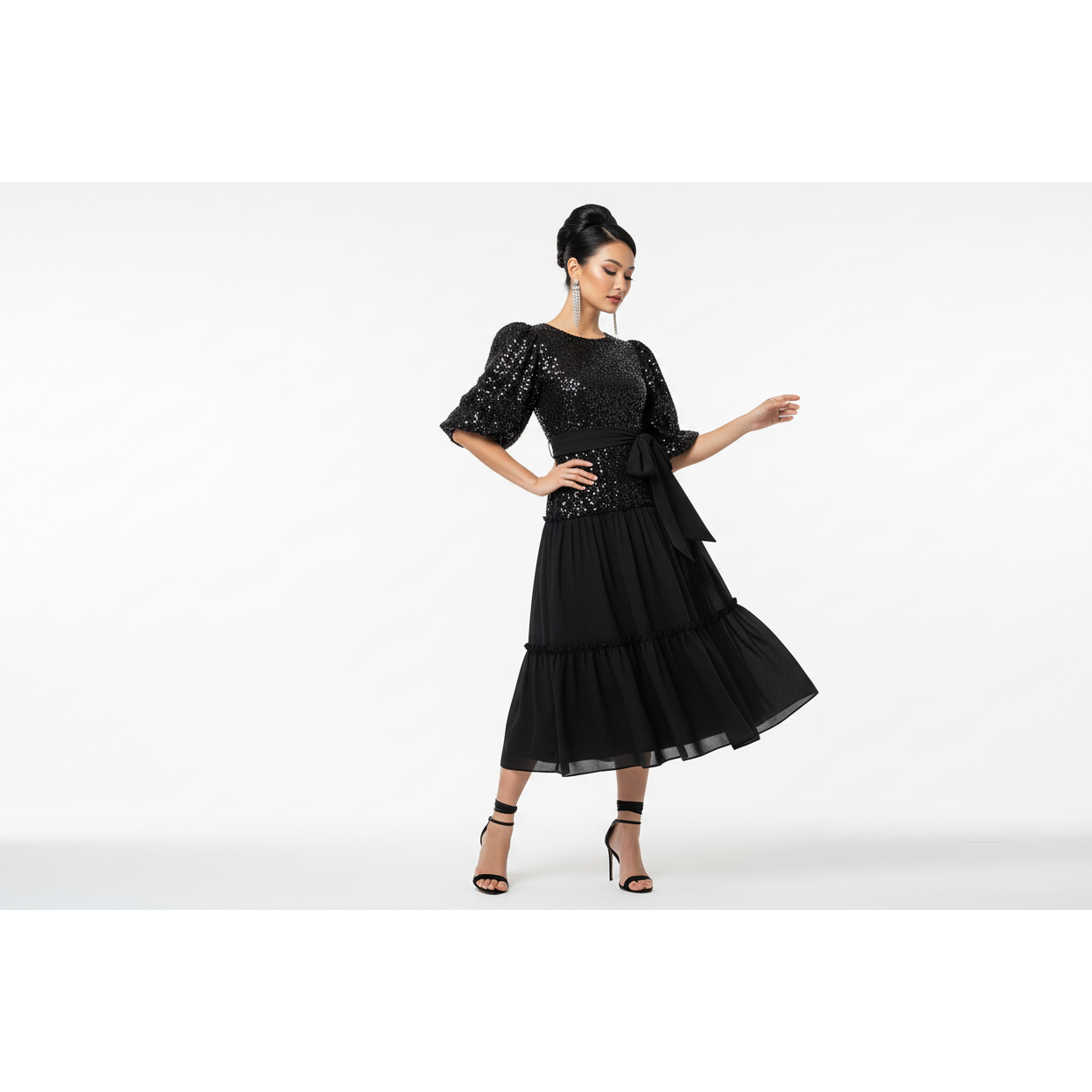 Pleated Long Sleeve Square Collar Dress.