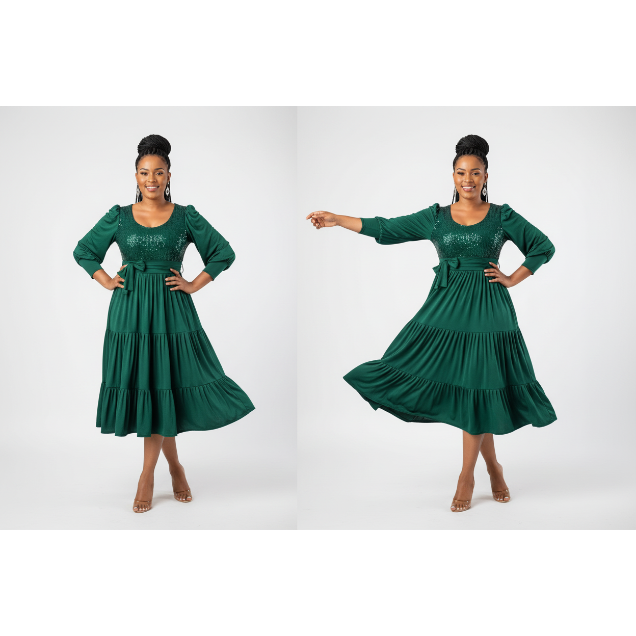 Pleated Long Sleeve Square Collar Dress.