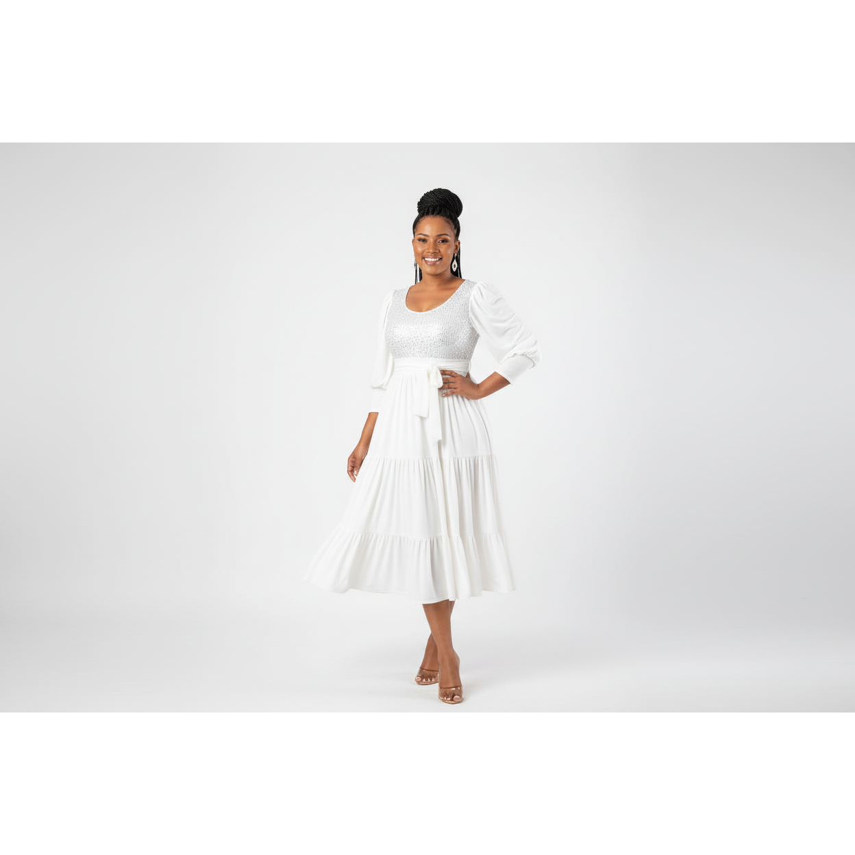 Pleated Long Sleeve Square Collar Dress.