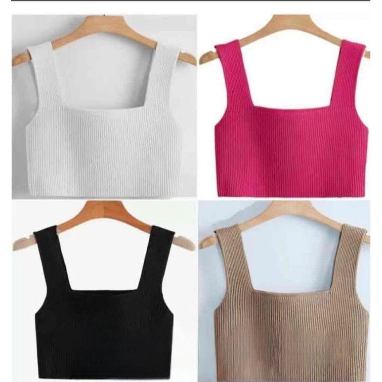 Solid Color Knitted Sleeveless Crop Top.