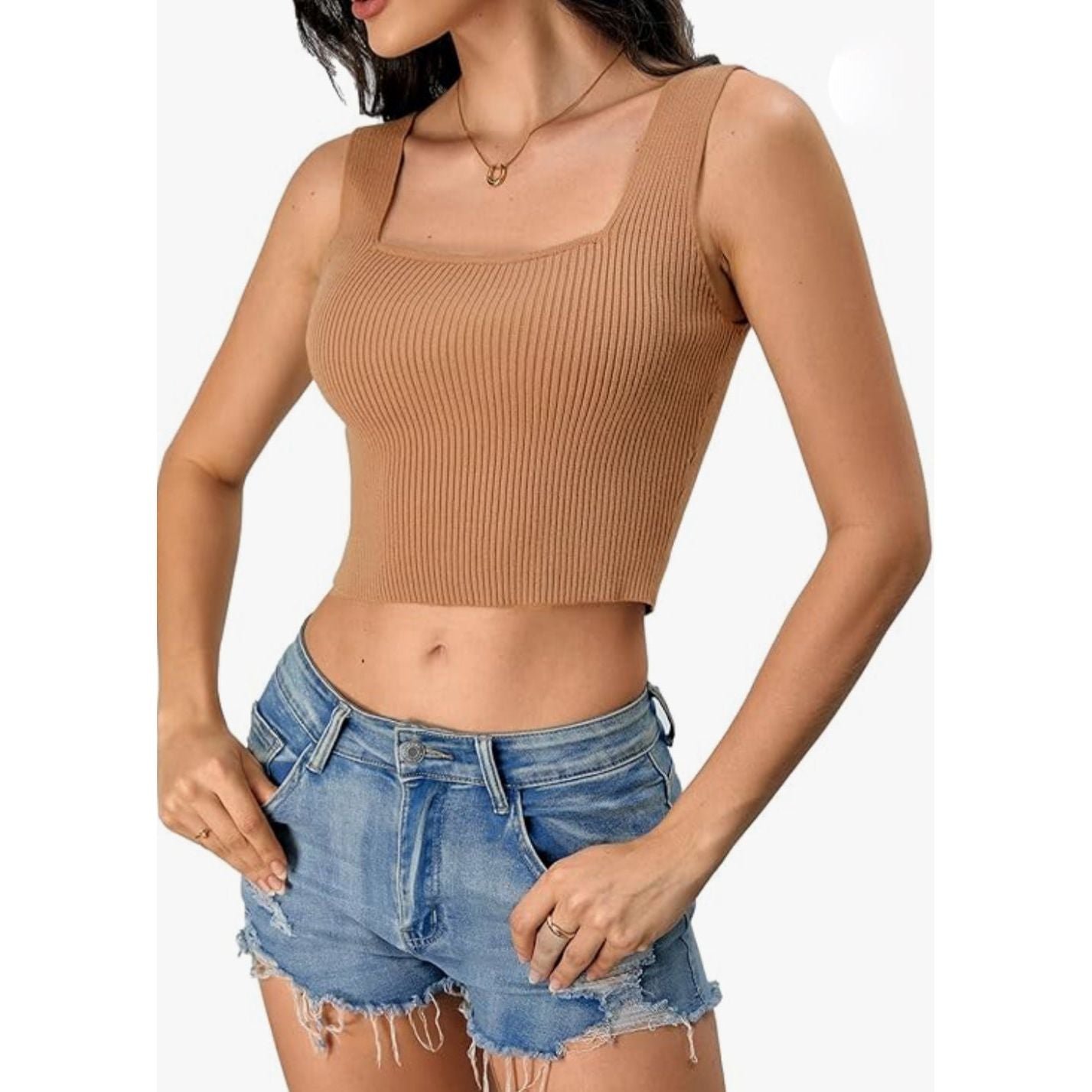 Solid Color Knitted Sleeveless Crop Top.