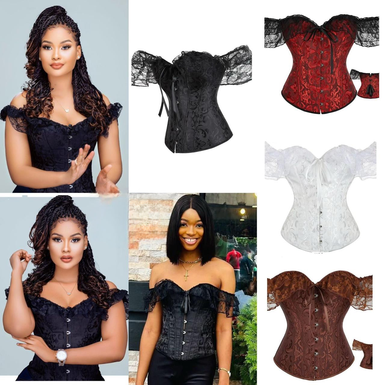 Women's corset with waist and lace sleeves.