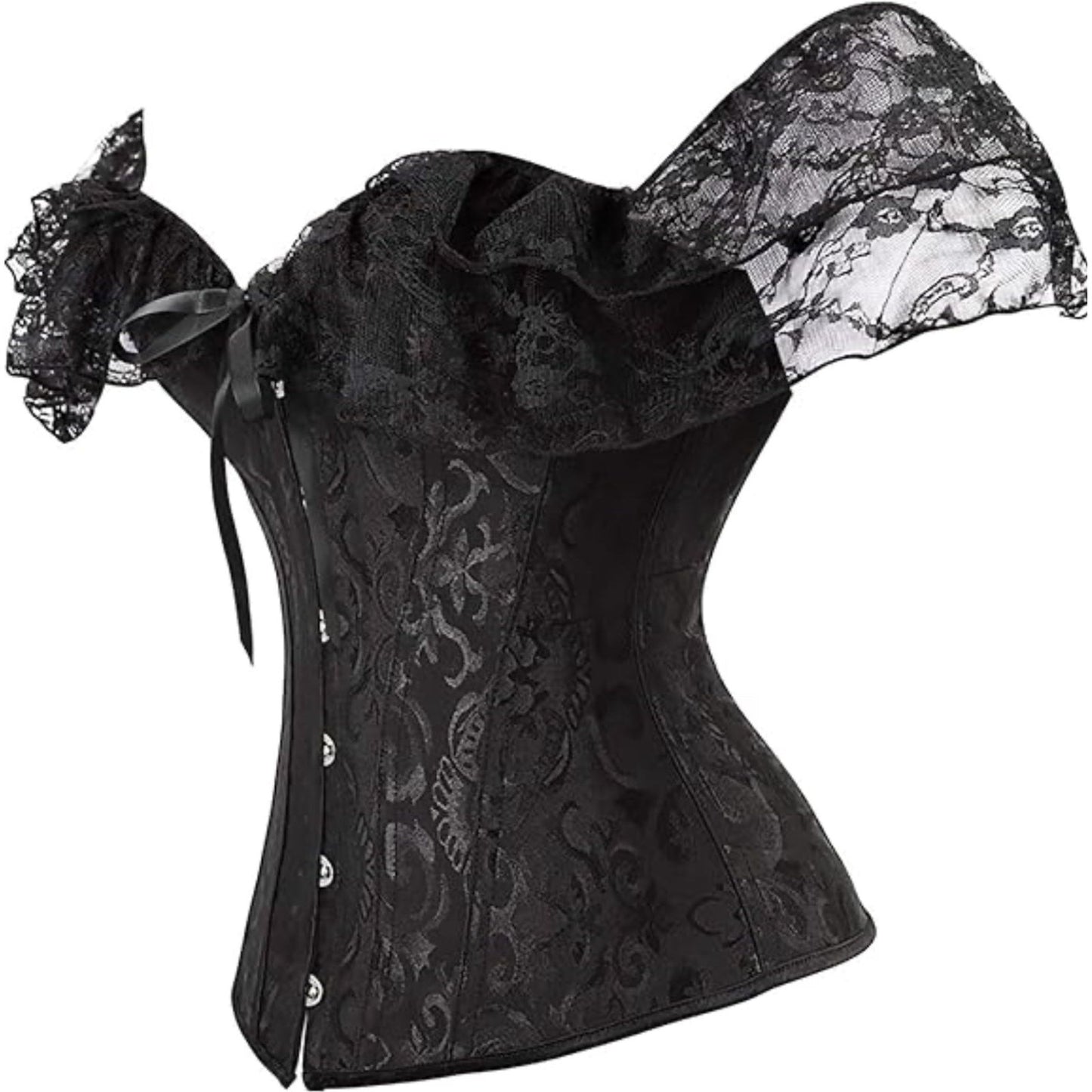 Women's corset with waist and lace sleeves.